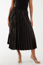 Black Satin Plisse Midi Skirt For Women ONE SIZE - Dropwear